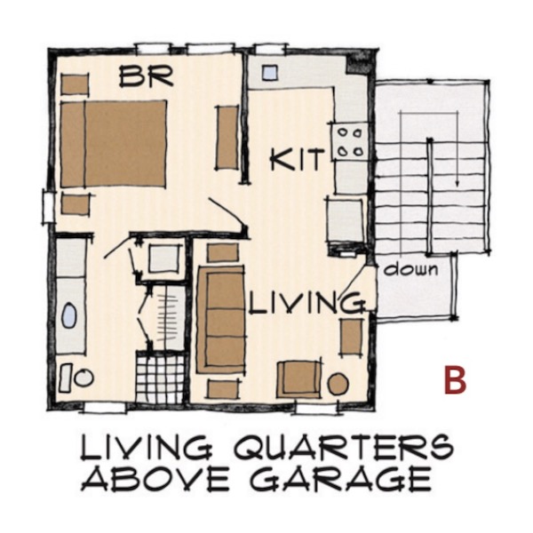 Detached garage with flex living home design, floor plan