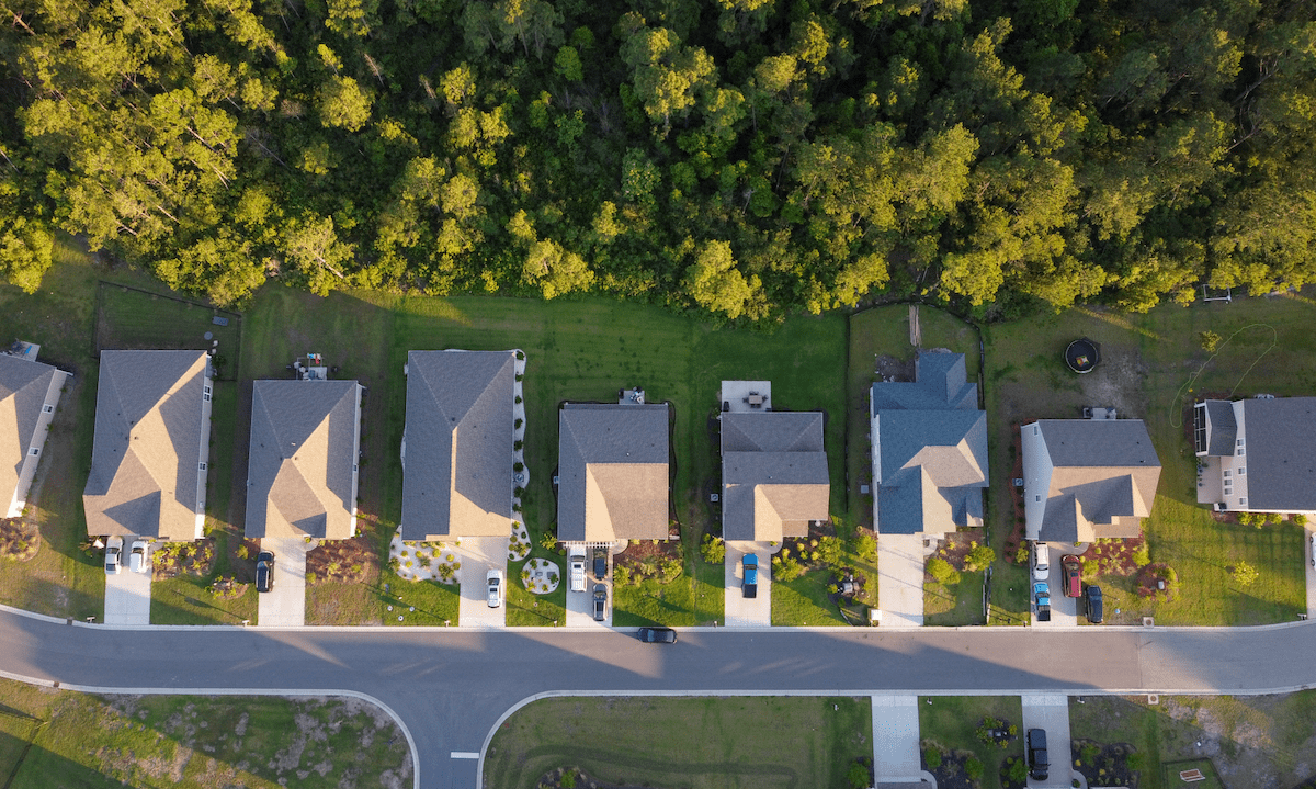 Aerial view of row of homes at woods edge