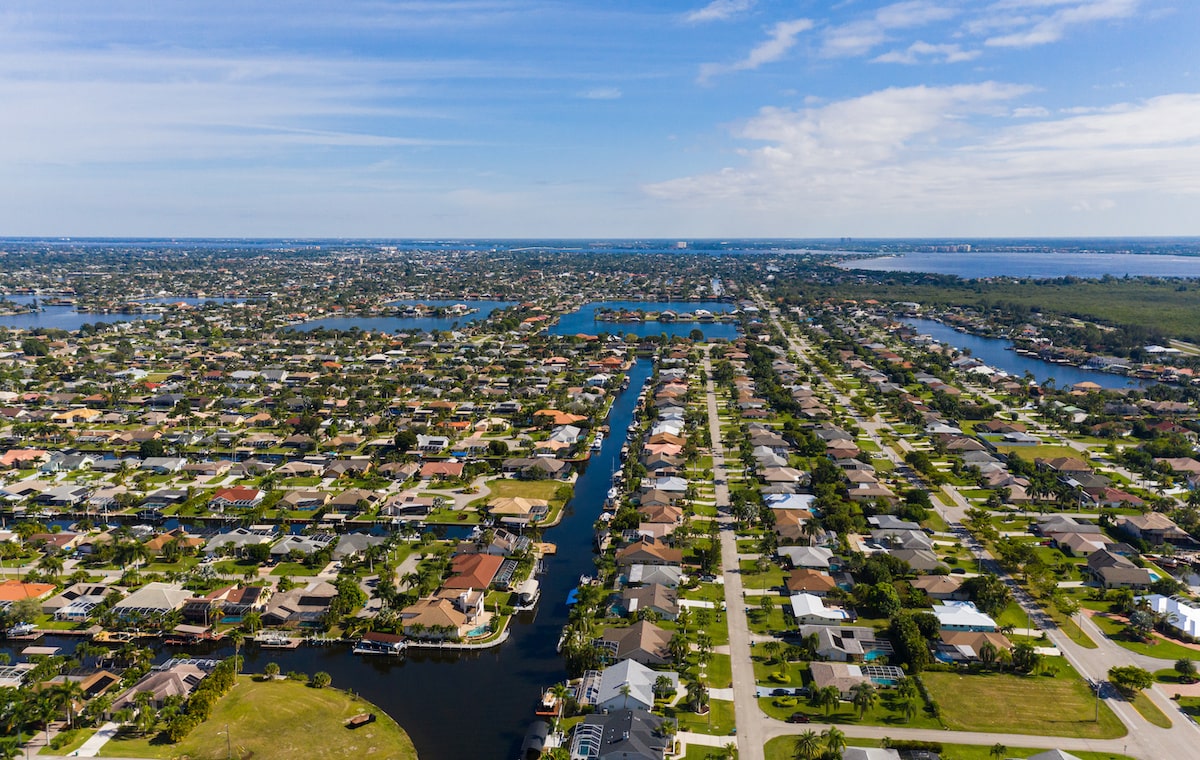 Aerial view of houses in Cape Coral, Florida
