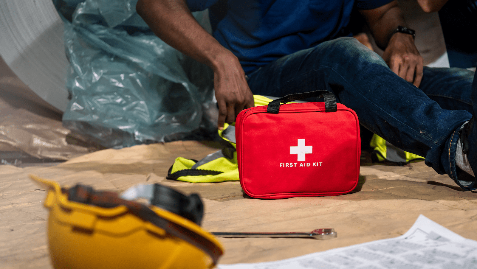 First aid kit on construction site contains naloxone for opioid overdoses