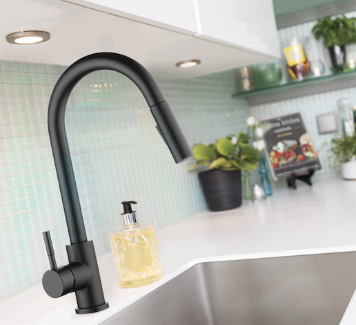 Lenova's K410 kitchen faucet in matte black finish