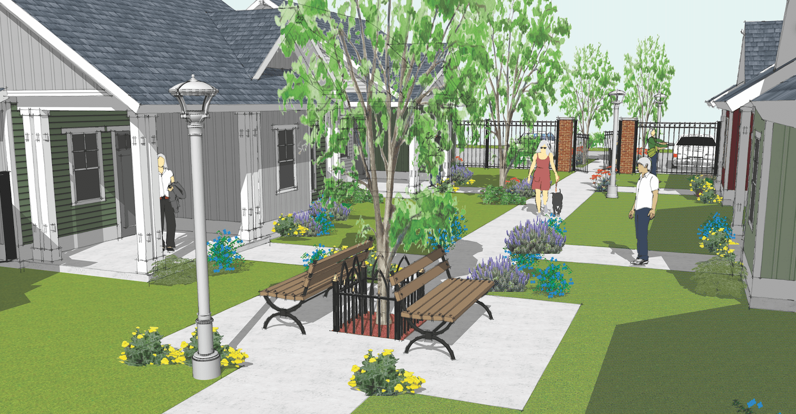 Rendering showing an exterior view of the 55+ Cottages design for single-family build-for-rent homes