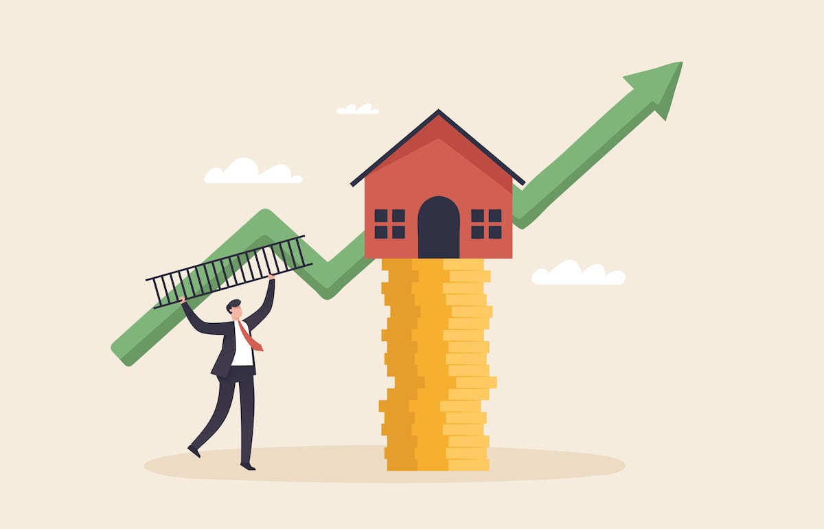 Buyer with ladder to reach rising prices graphic