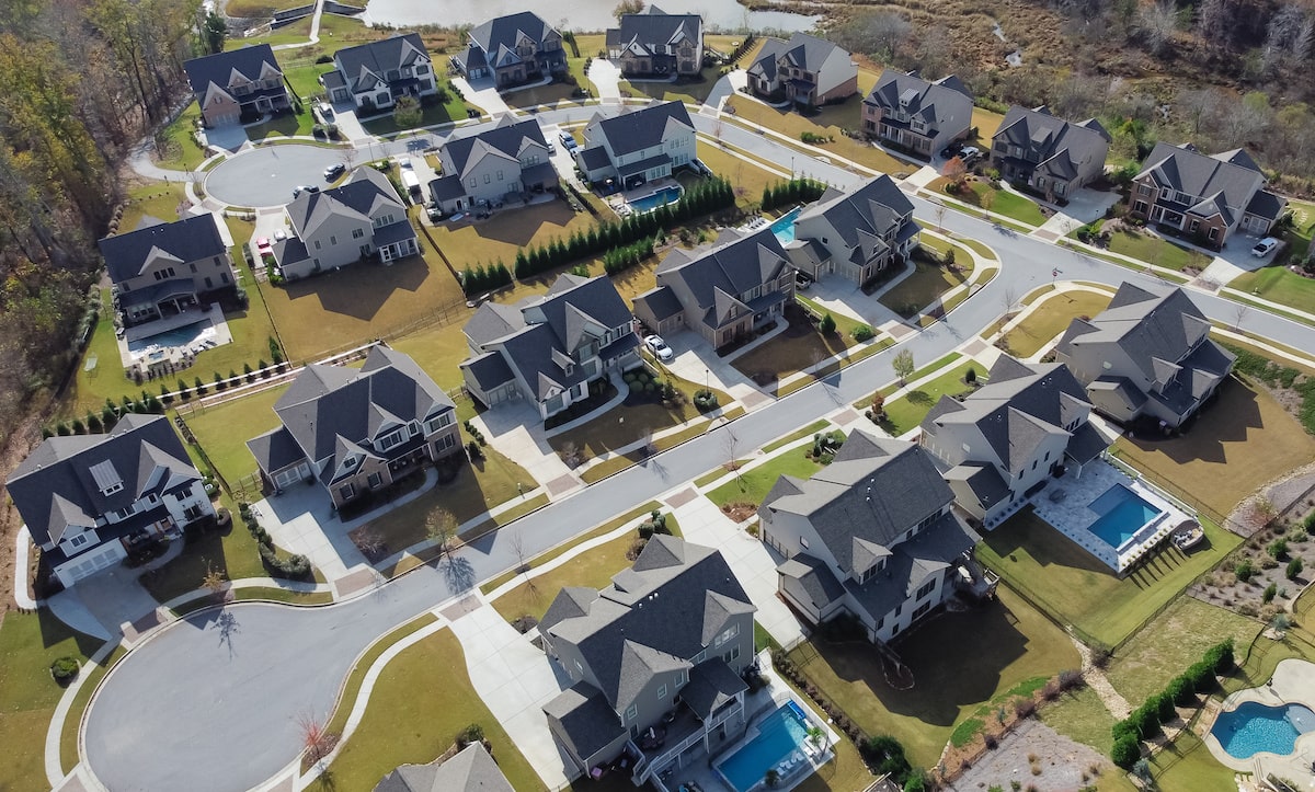 Aerial view of houses in residential development