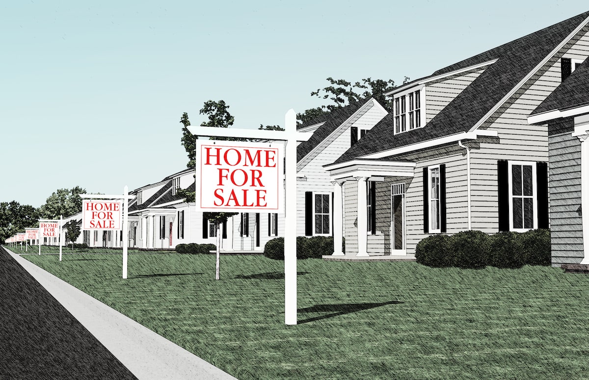 Graphic of row of existing homes with for sale signs in their front yards