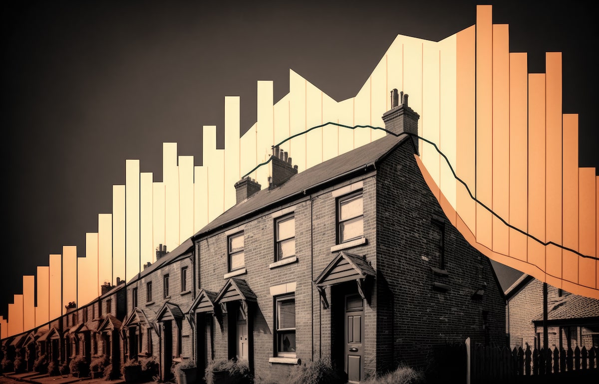 Rising bar graph above row of houses