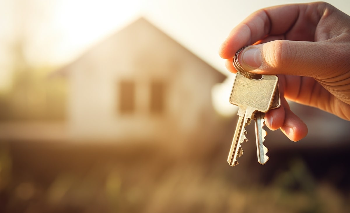 Person holding silver keys with single-family home blurred in background