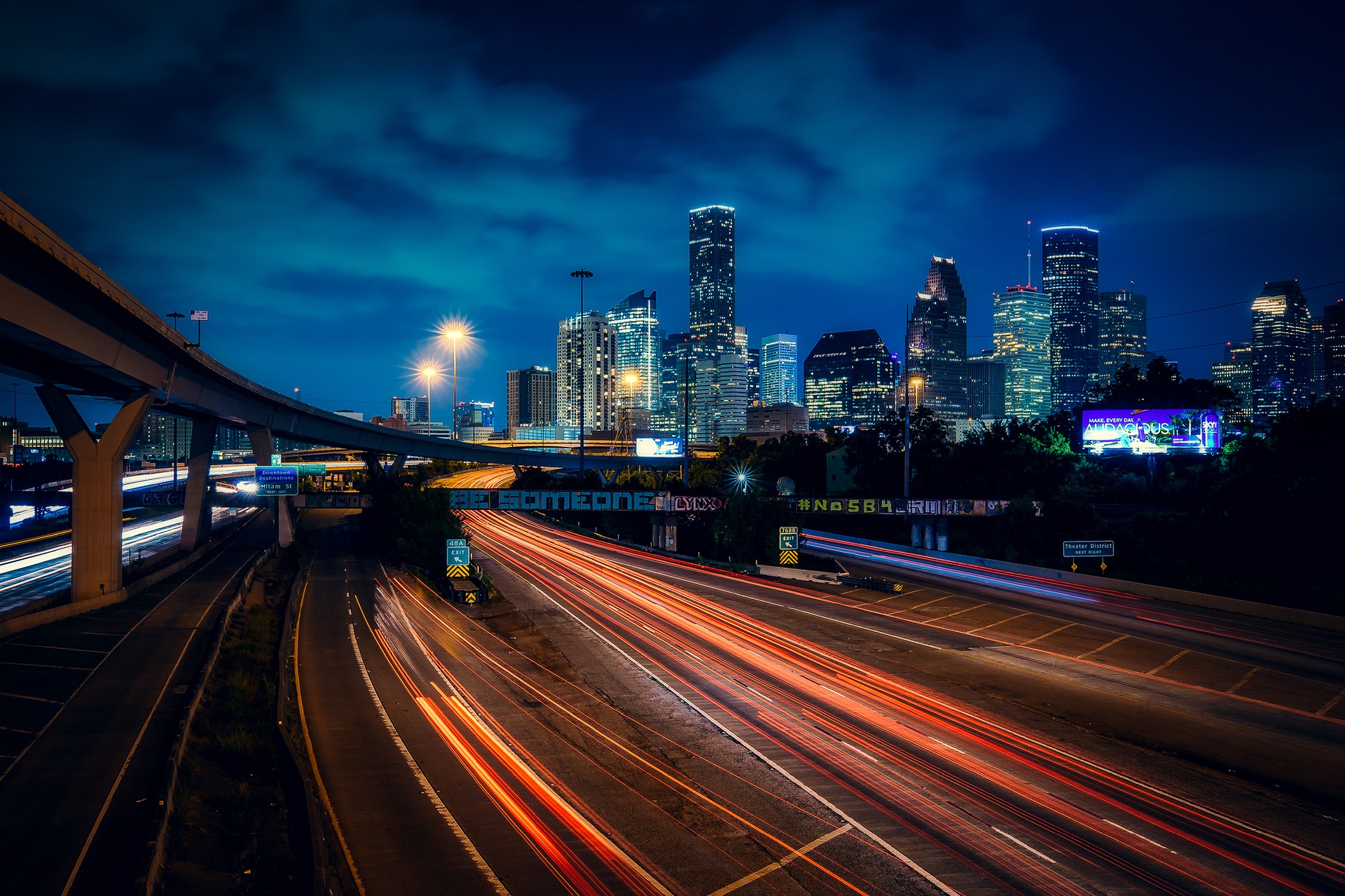 Houston skyline at night, image via Pixabay