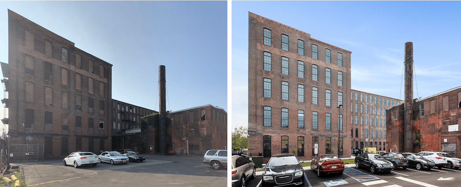 Exterior before and after of the A & Indiana, a warehouse adaptive reuse project that is a 2023 BALA winner 