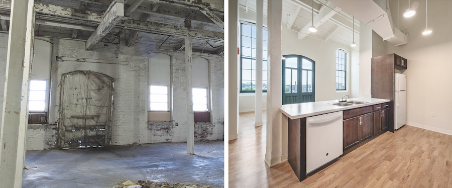 Interior before/after at the A & Indiana, a warehouse adaptive reuse project that is a 2023 BALA winner 
