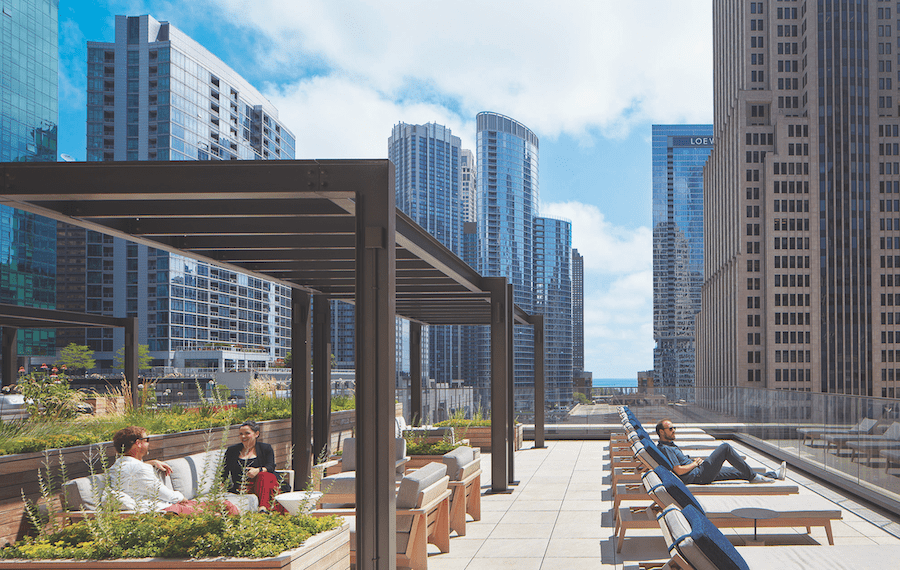 A roof lounge at the Chicago Tribune Tower, a 2023 BALA adaptive reuse winning project