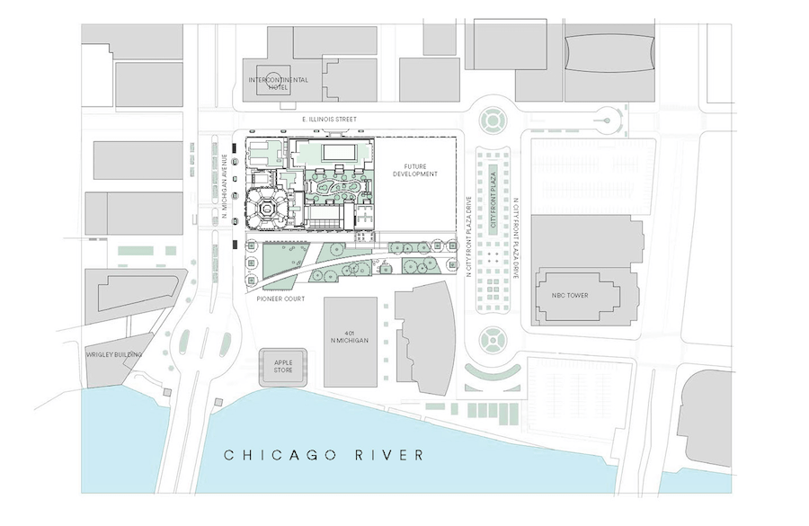 Site plan for the Chicago Tribune Tower, a 2023 BALA adaptive reuse winning project