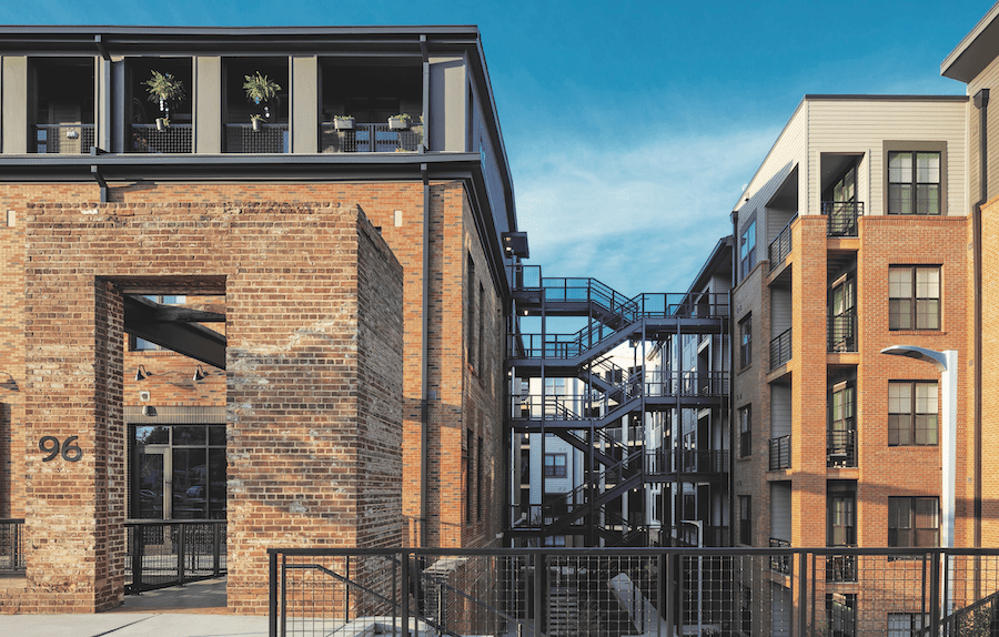 Stairway bridge at the Chronicle Mill adaptive reuse project, a 2023 BALA winner for adaptive reuse 