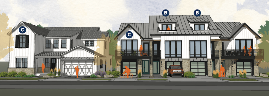 DTJ Design elevation from street for Infill Plan 1 townhomes