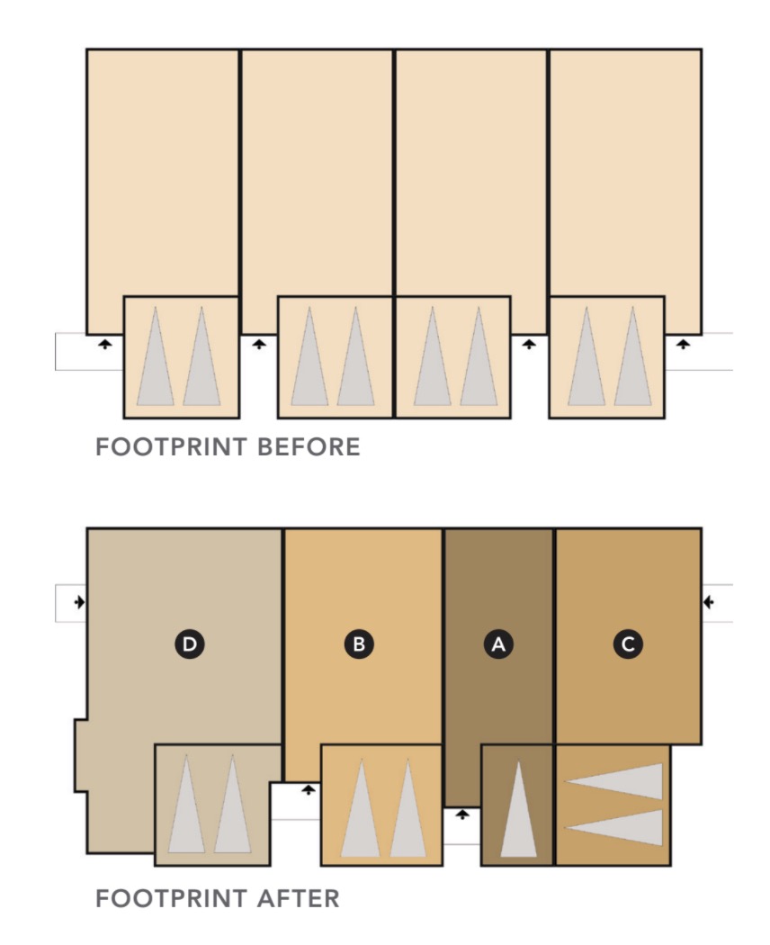Plans for the before and after designs of varying footprint fourplexes by EDI International