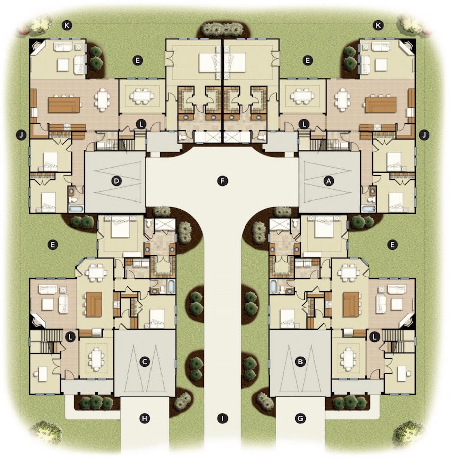 The floor plan of GMD Design Group's design for Active Adult Fourplex Townhomes