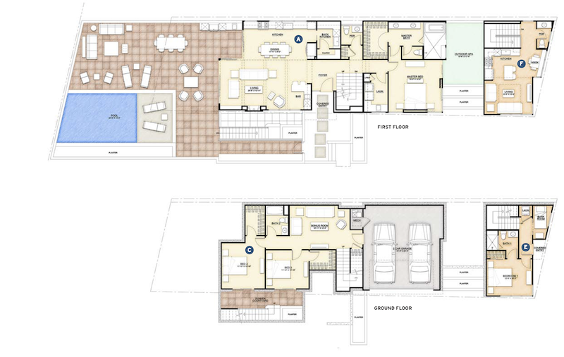 floor plans for the ground and first floors of the Gibson Custom Home design by DTJ Design