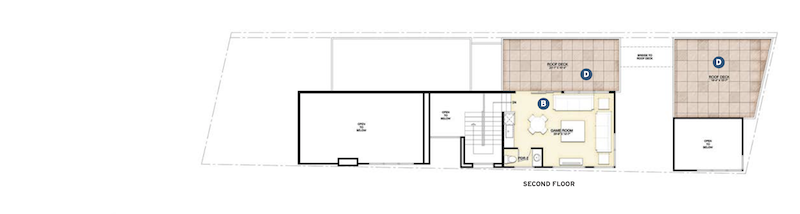 second floor plan for the Gibson Custom Home design for a narrow lot by DTJ Design