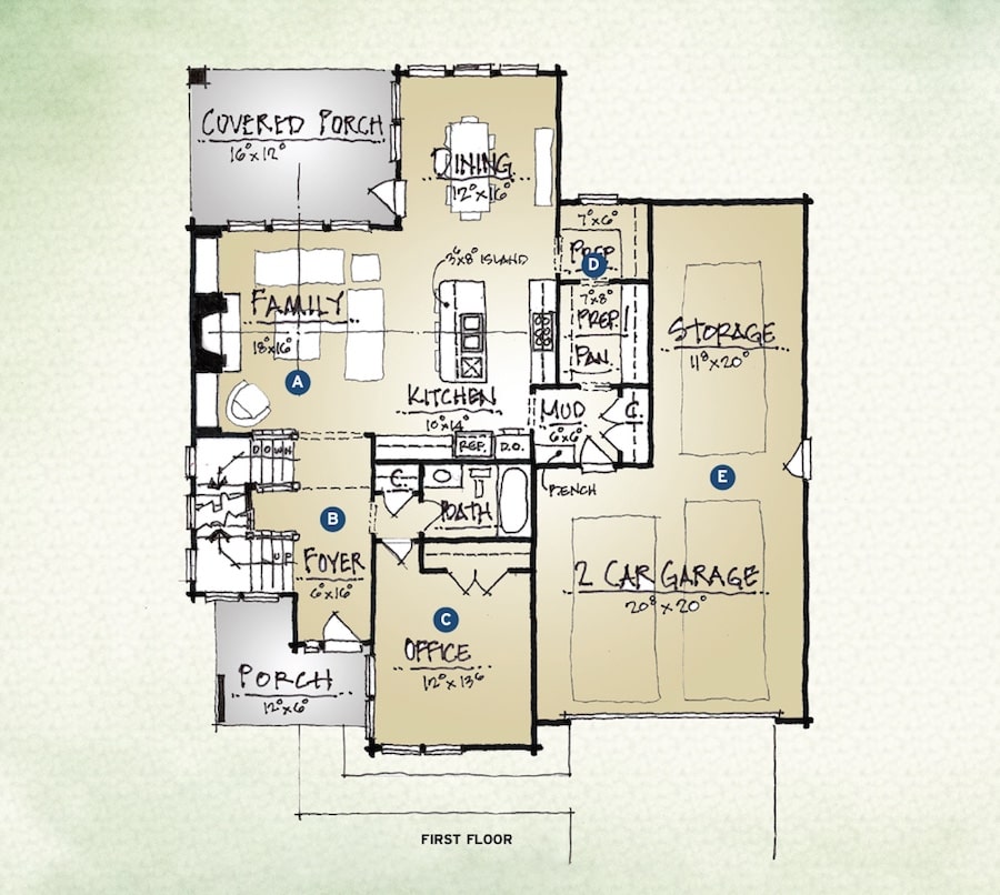 TK Design & Associates' Carolyn home design, first floor plan