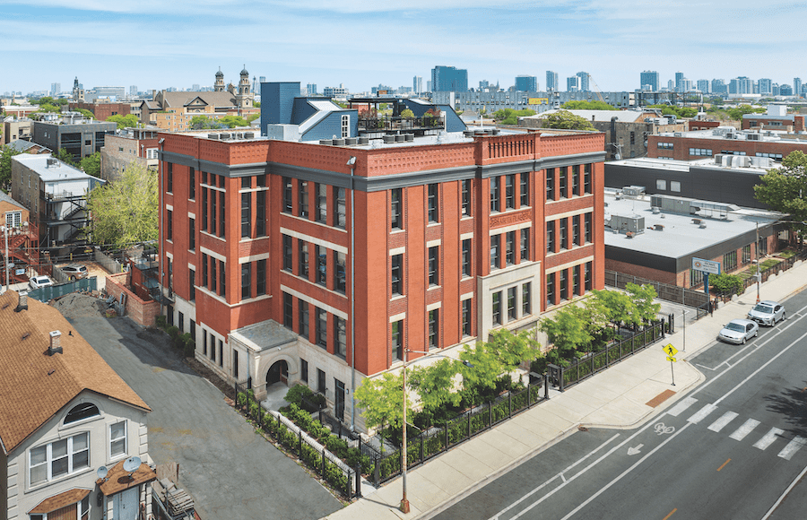 Exterior aerial view of Peabody School Apartments, an adaptive reuse project in Chicago and 2023 BALA winner