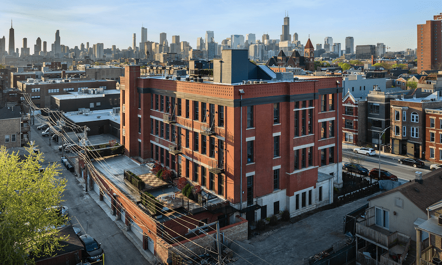 Exterior aerial view of Peabody School Apartments, an adaptive reuse project in Chicago and 2023 BALA winner