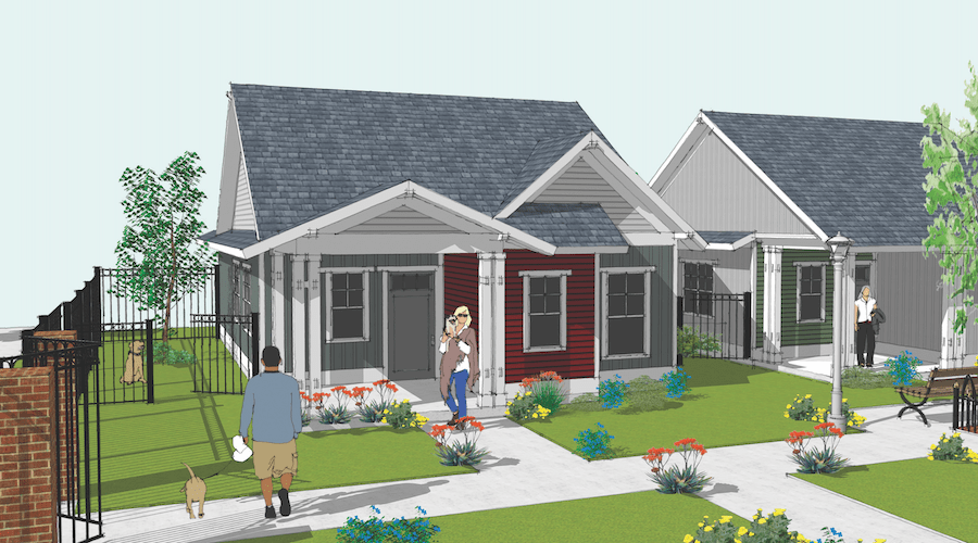 Rendering showing exteriors of the 55+ Cottages single-family build-to-rent design by Larry Garnett