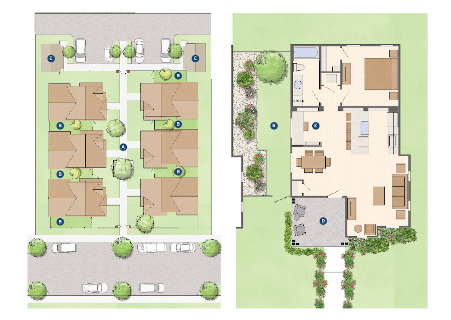 Floor plans of the 55+ Cottages single-family build-to-rent design by Larry Garnett