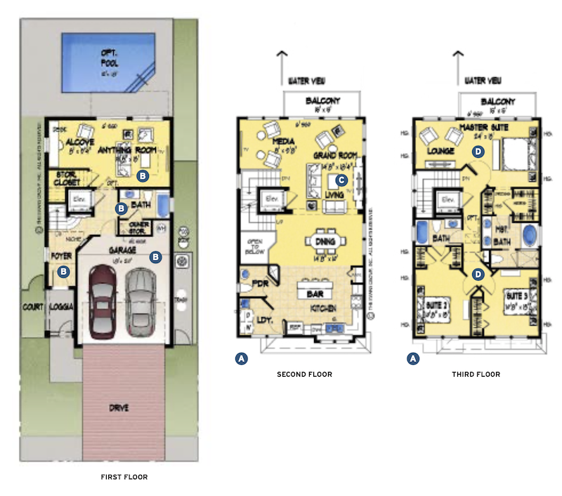 floor plans for the Sunset Inlet narrow-lot home design by The Evans Group