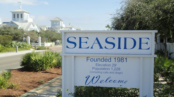 Welcome sign to the community of Seaside, in Florida.
