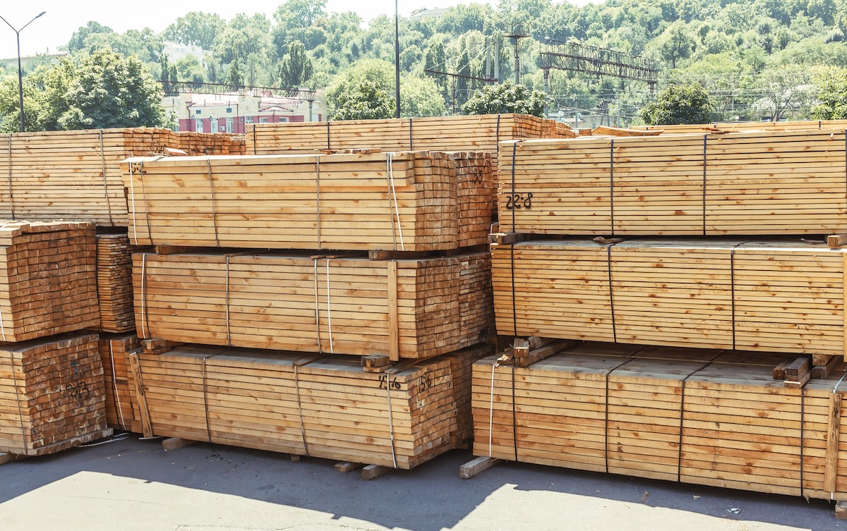 Stacks of lumber pallets in lumber yard