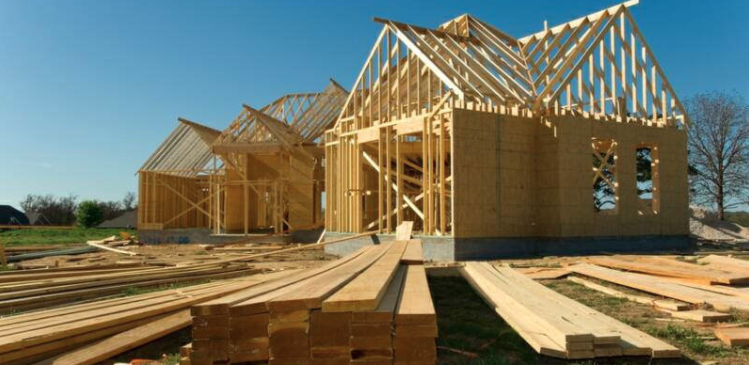 New single-family home at framing stage of construction