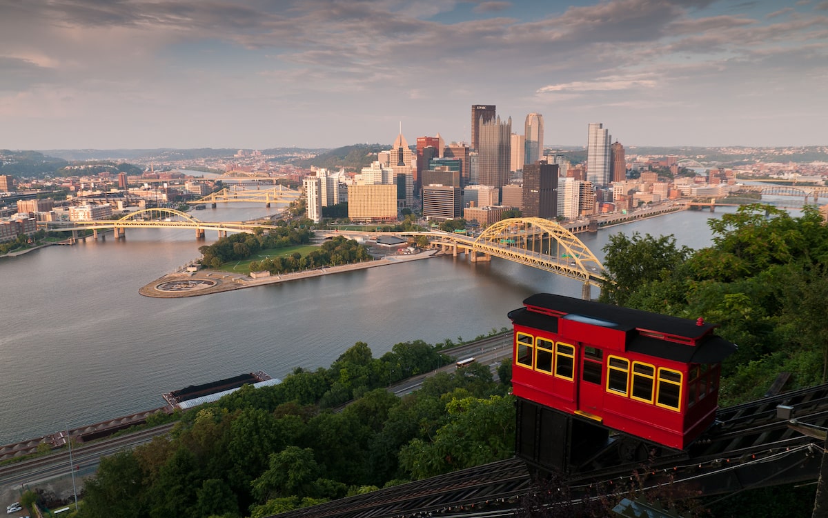 Pittsburgh, PA, skyline seen from incline trolley on Mt Washington