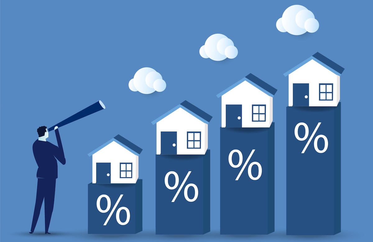 Increasing bar graph with houses and man holding telescope looking at the increase