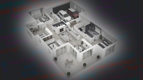 Home open floor plan model with code text