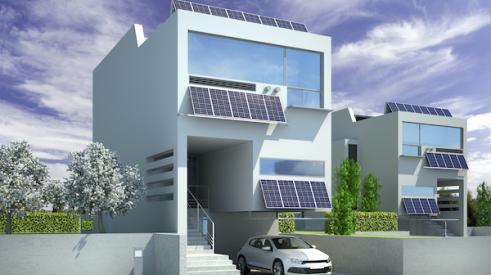 Rendering of a modern home with solar panels