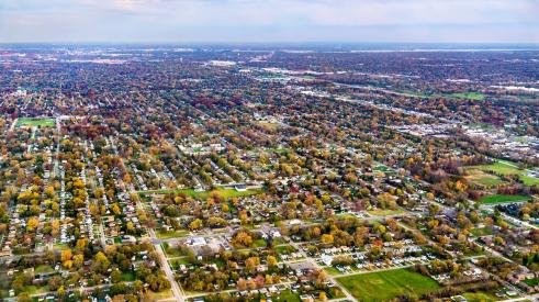 Aerial view of Detroit metro where housing prices have doubled
