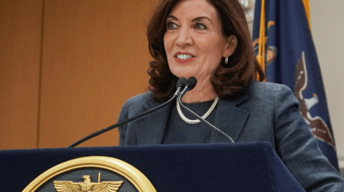 New York Governor Kathy Hochul at MTA Board Meeting in April 2022