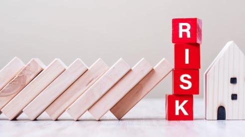Wooden blocks are leaning toward a small house and a stack of blocks that spell out 'risk'.