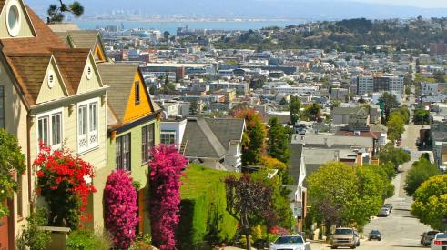 Houses on a hill in a San Francisco neighborhood where home prices are dropping