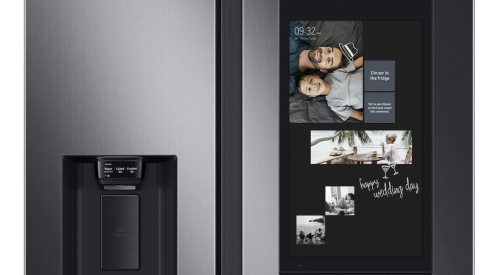 Close-up view of Samsung's Family Hub refrigerator door with screen and smart technology