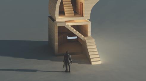 Businessman looking at stairs leading to the future as he plans for business succession