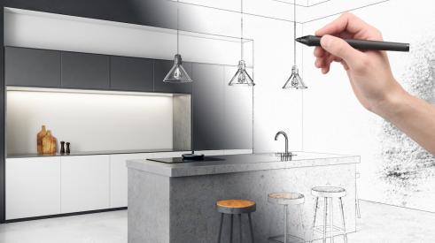 Architect drawing modern kitchen design