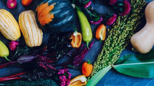 Dark-colored farm vegetables and flowers.