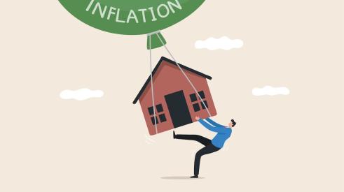 Graphic of man holding onto home being lifted by green balloon labeled "inflation"