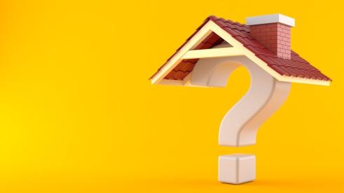 Red house roof on white question mark against yellow background