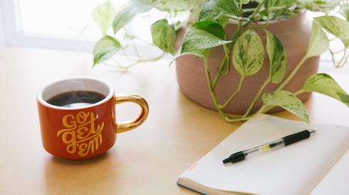 Go Get 'Em mug with house plant and open notebook on table