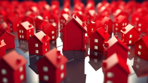 Cluster of red single-family model homes
