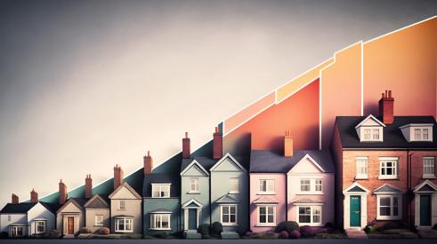 Rising bar chart behind row of houses gradually increasing in size from small to large