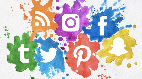 social media icons, including Pinterest, Facebook, Twitter, and more in watercolor