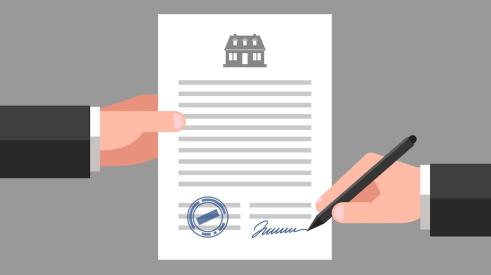 Graphic of homebuyer signing closing paperwork for a home purchase